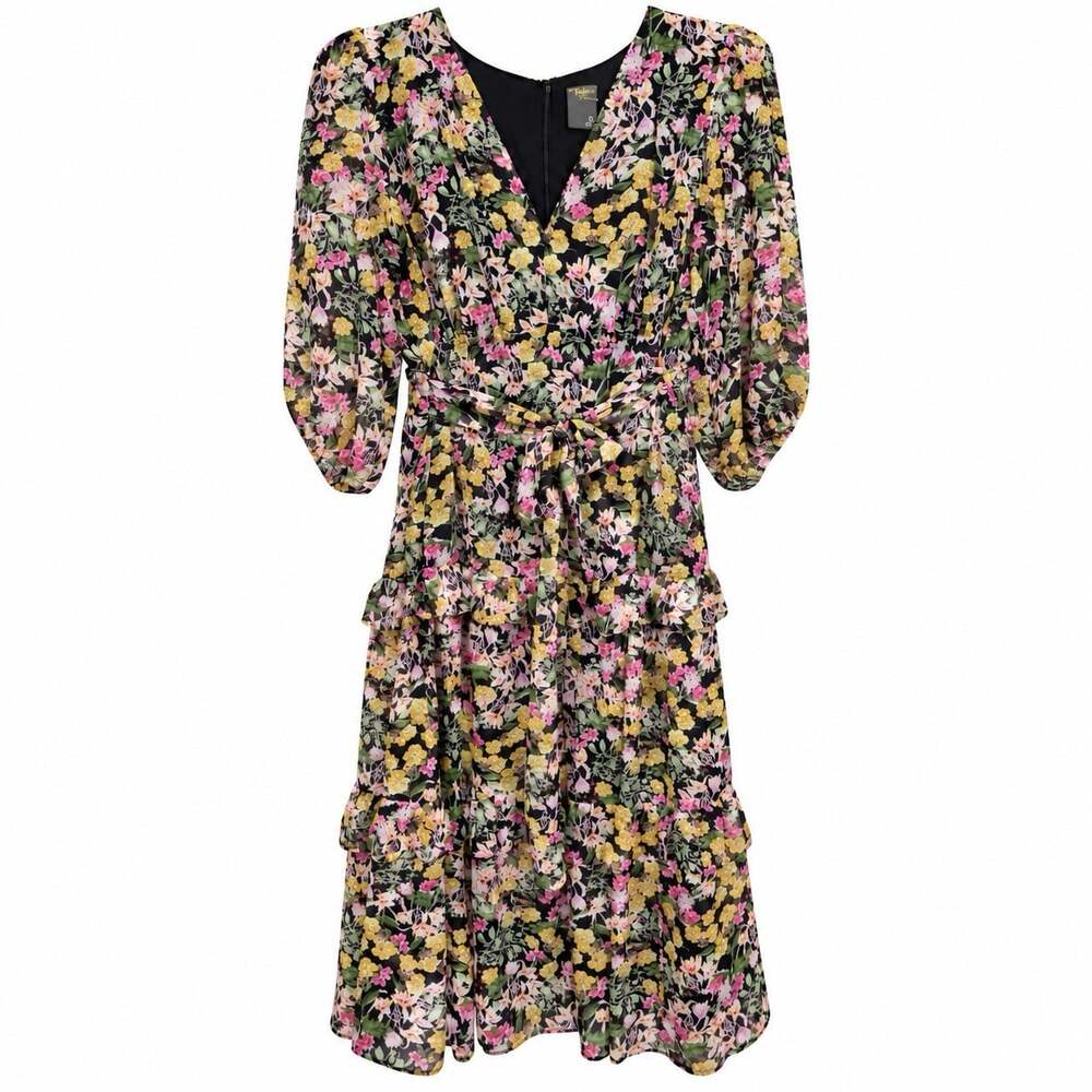 Taylor Woman Floral Tiered Midi Dress 16W Black Pink Yellow Belted 3/4 Sleeve